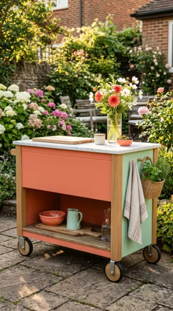 22 Colorful Summer Kitchen Decor Ideas Outdoor Coral Mint 14 14. Compact Outdoor Kitchen on Wheels With Coral and Mint Styling