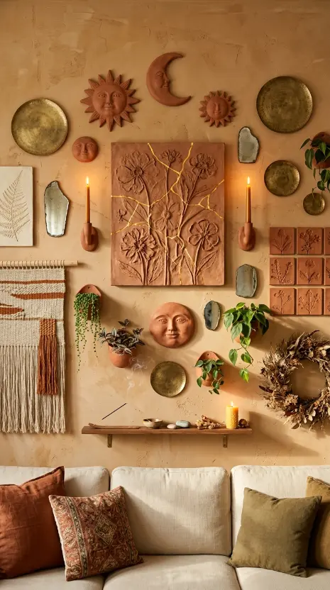 14 Bohemian Wall Decor Terracotta Ceramic Relief Mixed Media 14 14. Complete Bohemian Terracotta Wall — All Elements Together