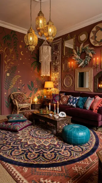 14 Bohemian Rugs Round Mandala Maximalist Colorful Room 14 14. Complete Maximalist Bohemian Colorful Room — All Elements Together
