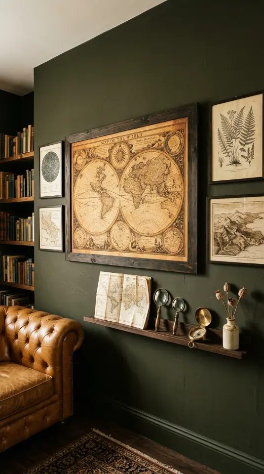 16 Bohemian Living Room Dark Olive Book Wall Chesterfield 14 14. Dark Olive Living Room With Vintage Map and Print Wall Extension