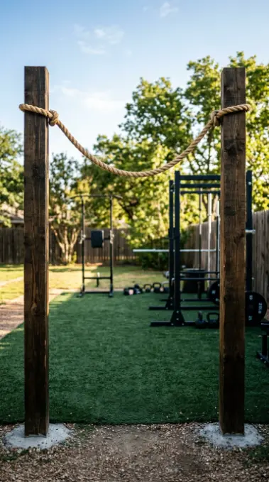 14 Budget-Friendly Home Gym Designs Outdoor Backyard Turf 14 14. Define the Gym Entrance With Two Timber Posts and a Rope