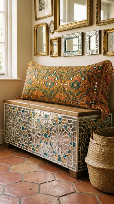 18 Bohemian Mirror Mosaic Beaded Entryway Decor Statement 14 14. Eclectic Entryway Bench With Beaded Cushion and Mirror Mosaic Base