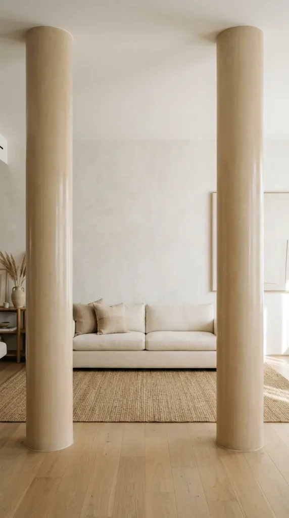 22 Minimalist Living Room Decor Ideas Sculptural Plaster 14 14. Floor-to-Ceiling Plaster Columns — Structural Art