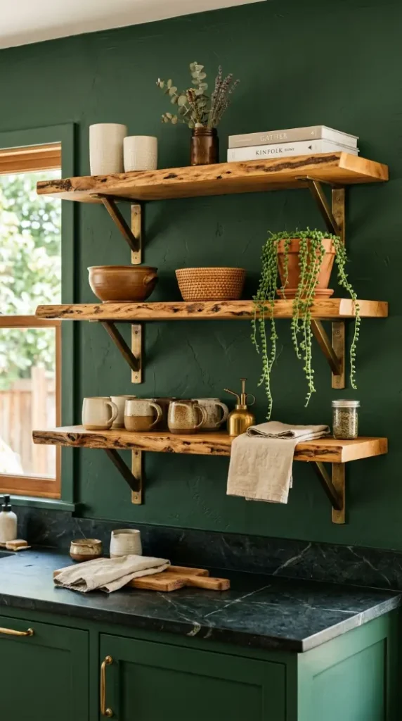 18 Modern Boho Kitchen Ideas Forest Green Soapstone Brass 14 14. Forest Green Kitchen With Natural Timber Open Shelving and Brass Brackets