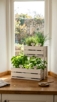 17 Herb Planter Ideas DIY Tiered Wooden Crate Stand 14 14. Indoor Kitchen Tiered Crate Herb Stand by a Window