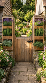 20 Herb Garden Ideas Vertical Wall Mounted Cedar Frame 14 14. Mount Cedar Herb Frames on Both Sides of a Garden Gate