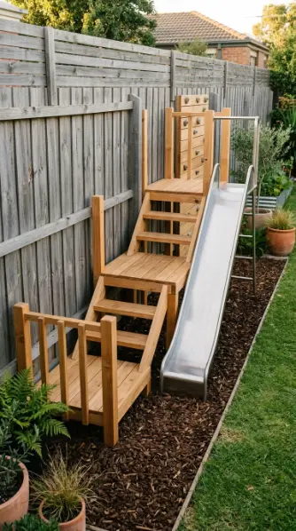 20 DIY Jungle Gym Small Space Compact Tiny Backyard 14 14. Multi-Level Cedar Platform System Along Fence