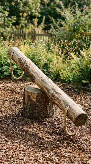 22 DIY Outside Play Area for Kids Natural Log and Stump 14 14. Natural Log Teeter-Totter Seesaw