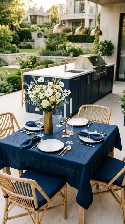 20 Modern Summer Kitchen Decor Ideas Navy Brass Island 14 14. Navy and Brass Island Paired With a Navy Dining Table Setting