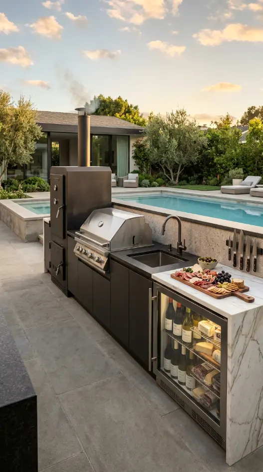 24 Outdoor Kitchen Ideas Luxury Resort Style With Pool 14 14. Outdoor Kitchen With Built-In Smoker and Dedicated Charcuterie Counter
