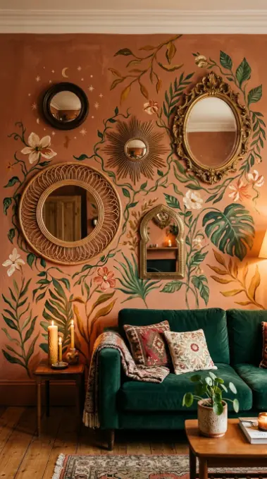 17 Bohemian Mirror Gallery Wall Living Room Vintage Eclectic 14 14. Painted Wall Mural Behind Bohemian Mirror Gallery