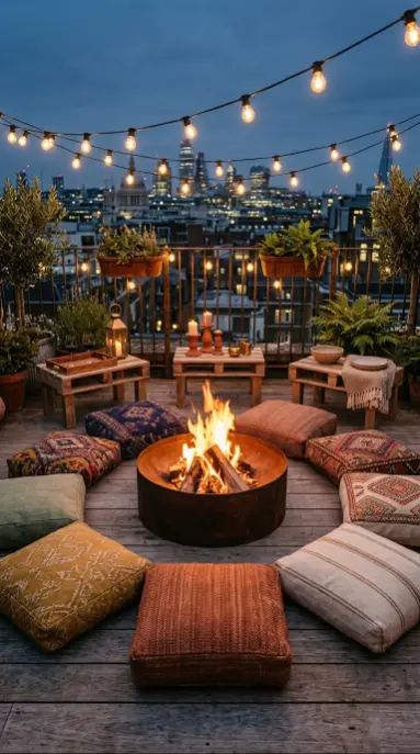 20 Pallet Table Outdoor Boho Rooftop Terrace Floor Cushions 14 14. Pallet Terrace Fire Pit Zone