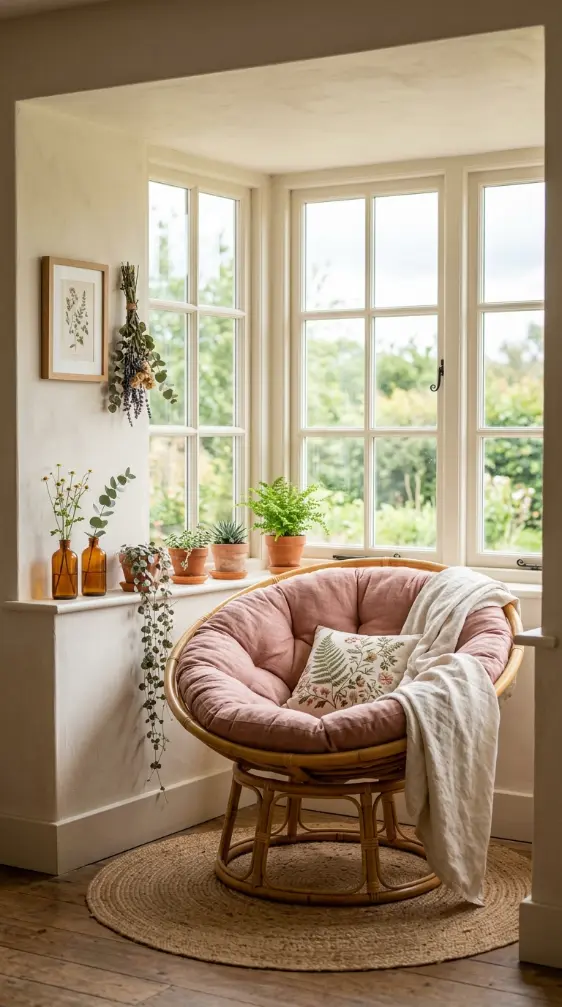 15 Bohemian Chair Ideas With a Cozy Rattan Papasan Look 14 14. Rattan Papasan Chair in Sunlit Window Alcove