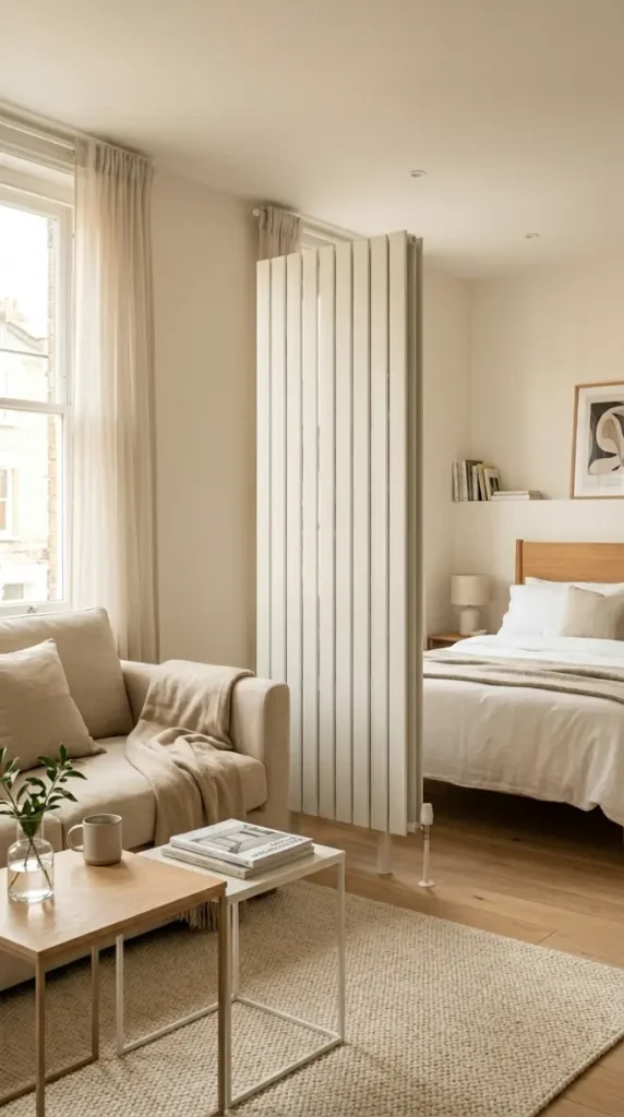 20 Minimalist Living Room Small Spaces Multifunctional 14 14. Slim Vertical Radiator Doubles as Room Divider