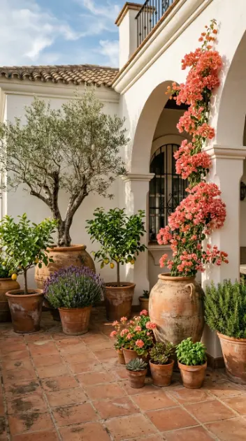 18 Outdoor Living Space Design Spanish Revival Arched Tile 14 14. Terracotta Planter Collection and Spanish Revival Garden Planting