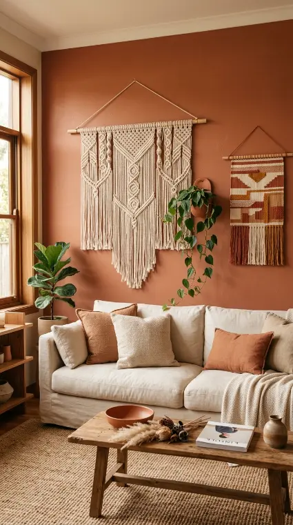 16 Living Room Decor Color Schemes Warm Terracotta Cream 14 14. Terracotta and Cream With Macramé and Woven Wall Textiles