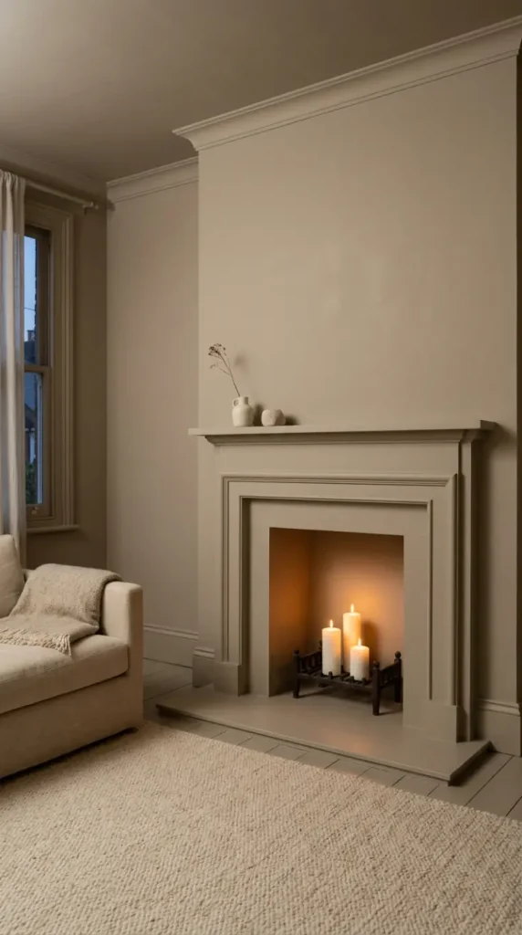 15 Cozy Minimalist Living Room Warm Greige Color Drenched 14 14. Warm Greige Color Drench With Fireplace Painted in Continuous Greige