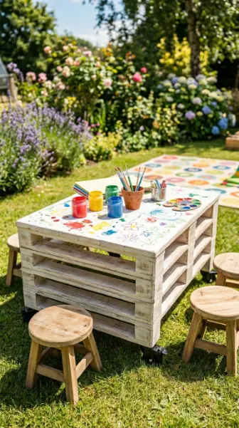 18 Pallet Table DIY Whitewashed Outdoor Patio Wheels 15 15. Build a Whitewashed Pallet Kids' Activity Table on Wheels