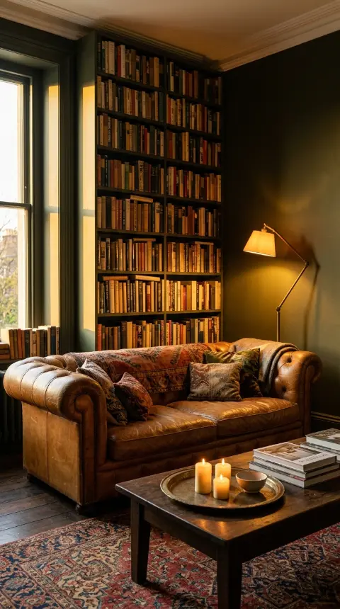 16 Bohemian Living Room Dark Olive Book Wall Chesterfield 15 15. Chesterfield and Book Wall at Dusk — The Transition Hour