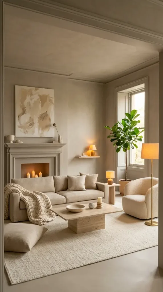 15 Cozy Minimalist Living Room Warm Greige Color Drenched 15 15. Complete Cozy Minimalist Warm Greige Color-Drenched Living Room — All Elements Together