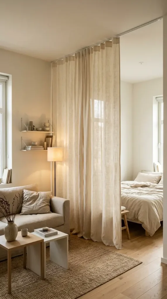 20 Minimalist Living Room Small Spaces Multifunctional 15 15. Curtain as Space Divider Between Living and Sleeping Zones