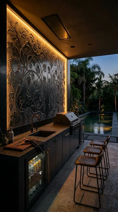 20 High End Outdoor Kitchen Inspiration Dark Moody Style 15 15. Dark Moody Outdoor Kitchen With Engraved Stone Back Panel
