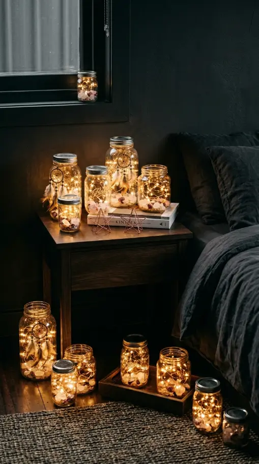 18 Bohemian Bed Dark Charcoal Fairy Light Dreamcatcher 15 15. Fairy Light Jar Cluster Bedside With Copper and Crystal