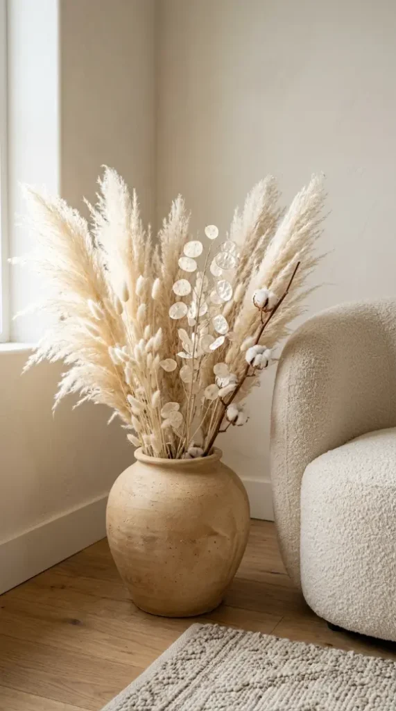 18 Minimalist Living Room Decor Ideas Warm Texture Curved 15 15. Introduce Dried Botanicals as Permanent Sculptural Room Objects