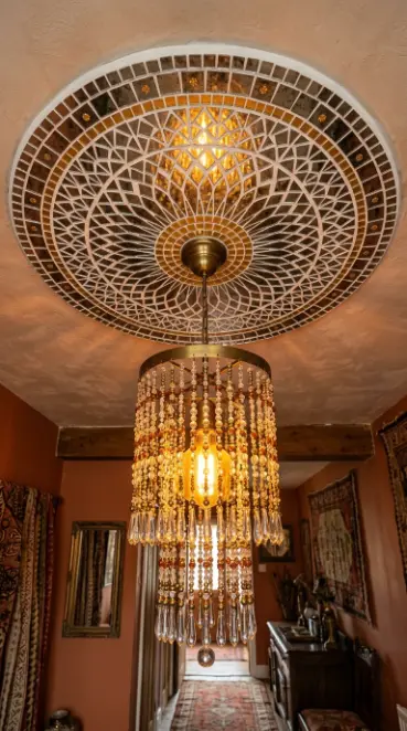 18 Bohemian Mirror Mosaic Beaded Entryway Decor Statement 15 15. Mirror Mosaic Ceiling Medallion With Beaded Light Pendant