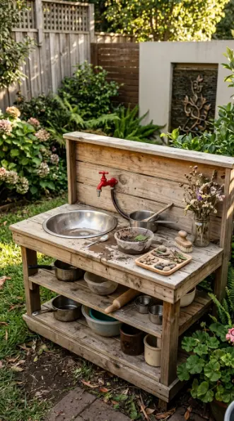 22 DIY Outside Play Area for Kids Water Wall Splash Zone 15 15. Mud Kitchen Water Integration