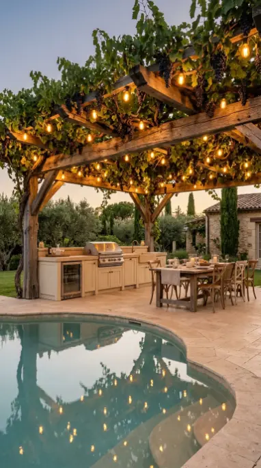24 Outdoor Kitchen Ideas Luxury Resort Style With Pool 15 15. Outdoor Kitchen With Overhead Grapevine Pergola and String Lights