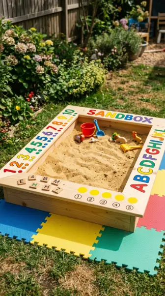 22 DIY Kids Playground Sandbox and Water Table for Small Yards 15 15. Painted Number and Letter Learning Games on Sandbox Ledge