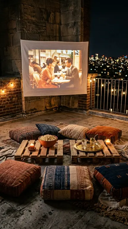20 Pallet Table Outdoor Boho Rooftop Terrace Floor Cushions 15 15. Pallet Terrace with Outdoor Cinema Screen