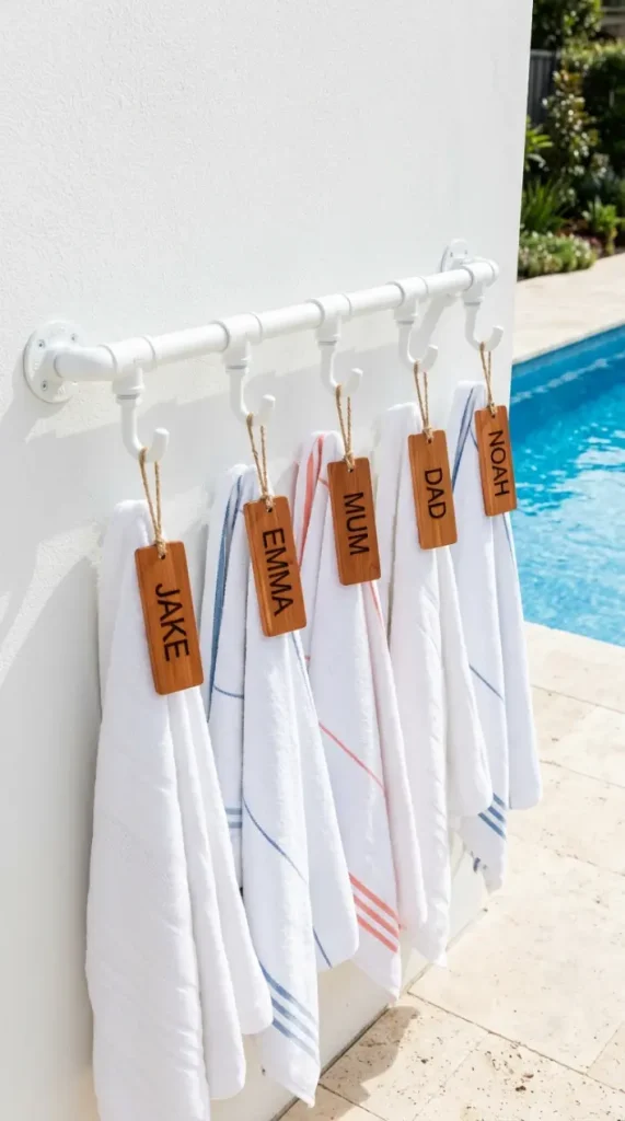 20 Pool Towel Rack Ideas DIY Industrial Pipe Name Tags 15 15. Powder-Coated White Pipe Rack — Clean Modern Aesthetic