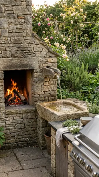 22 Outdoor Kitchen Ideas Rustic Stone With Fireplace 15 15. Stone Kitchen With Integrated Water Feature Beside Fireplace