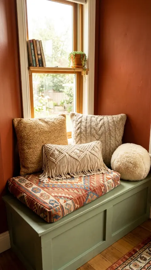 20 Bohemian Pillows Natural Fiber Pom Pom Woven Sheepskin 15 15. Style a Reading Nook With All-Natural Fiber Pillow Layers