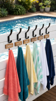 18 Pool Towel Storage Ideas to Keep Your Pool Area Tidy 15 15. Use Individual Personalized Towel Hooks for Each Family Member