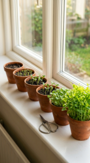 18 Herb Garden Ideas Indoor Kitchen Window Terracotta 15 15. Use Small Terracotta Pots to Grow Microgreens on the Kitchen Windowsill