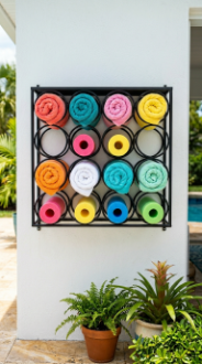 18 Chic Pool Float Storage Ideas for a Tidy Pool 15 15. Use a Wall-Mounted Wine Rack as a Towel and Float Ring Holder