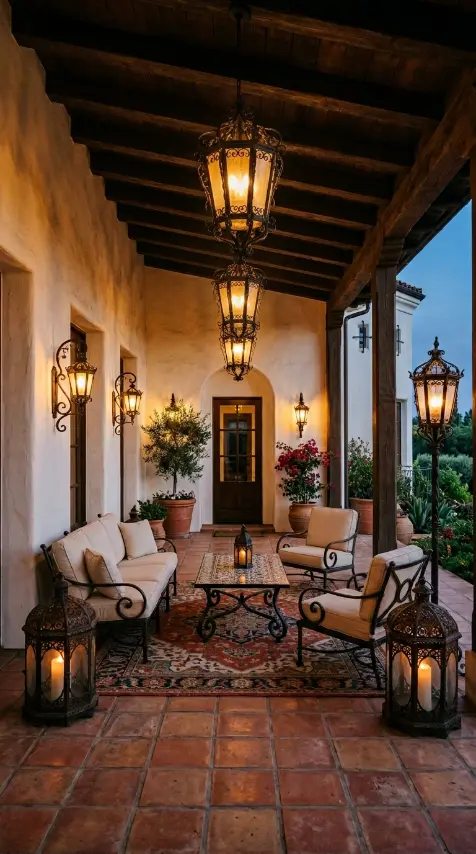 18 Outdoor Living Space Design Spanish Revival Arched Tile 15 15. Wrought Iron and Glass Outdoor Lanterns as Spanish Revival Lighting