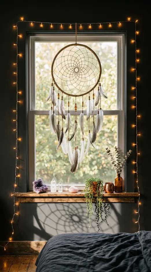 18 Bohemian Bed Dark Charcoal Fairy Light Dreamcatcher 16 16. Bohemian Bedroom Window With Dreamcatcher and Fairy Light Frame