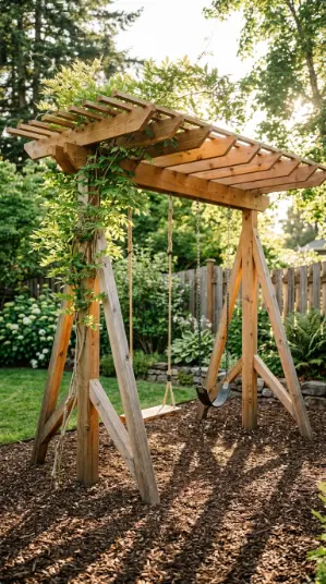 22 DIY Kids Playground With Cedar Swing Set and Slide 16 16. Cedar Swing Set With Attached Pergola and Shade