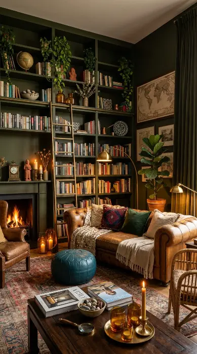 16 Bohemian Living Room Dark Olive Book Wall Chesterfield 16 16. Complete Dark Olive Book Wall Chesterfield Bohemian Living Room — All Elements Together