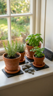 18 Herb Garden Ideas Indoor Kitchen Window Terracotta 16 16. Display Terracotta Herb Pots on a Window Ledge With Slate and Stone