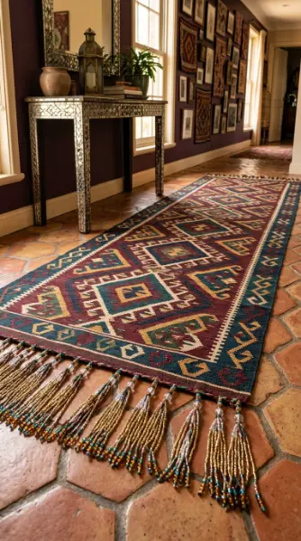 18 Bohemian Mirror Mosaic Beaded Entryway Decor Statement 16 16. Entryway With Kilim Rug and Beaded Tassel Trim