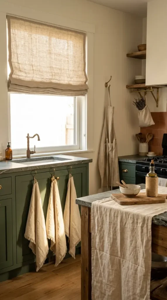 18 Modern Boho Kitchen Ideas Forest Green Soapstone Brass 16 16. Forest Green Kitchen With Handmade Linen Textiles