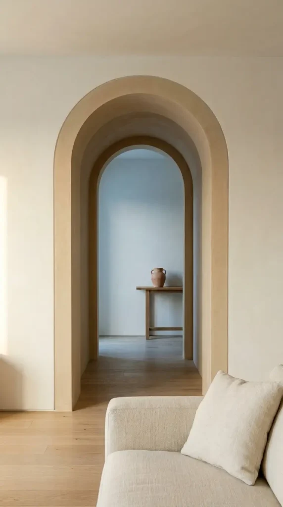 22 Minimalist Living Room Decor Ideas Sculptural Plaster 16 16. Plaster Wall Arch Doorway — Framing the Room