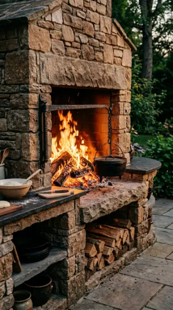 22 Outdoor Kitchen Ideas Rustic Stone With Fireplace 16 16. Rustic Stone Kitchen With Cast Iron Swing-Arm Cookware