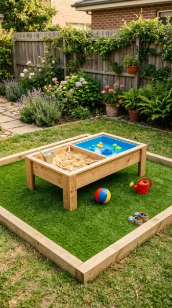 22 DIY Kids Playground Sandbox and Water Table for Small Yards 16 16. Small Yard Play Zone With Artificial Grass Surround