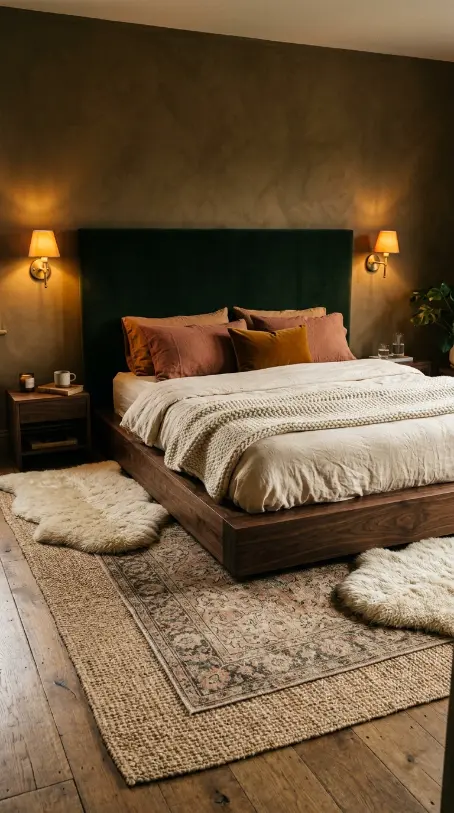 22 Cozy Warm Bedroom Aesthetic Vintage Brass Layered Rugs 16 16. The Low Platform Bed on Layered Rugs